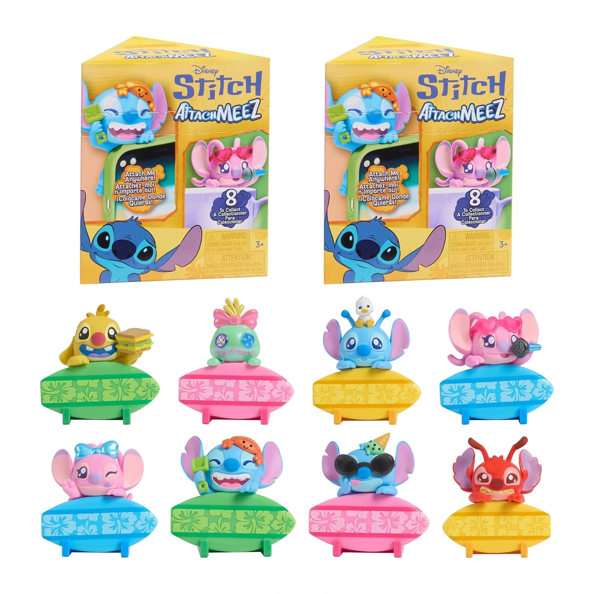 Stitch Attachmeez Serie 2 de Just Play: dos cajas sorpresa y las 8 figuras colgantes sobre tablas de surf