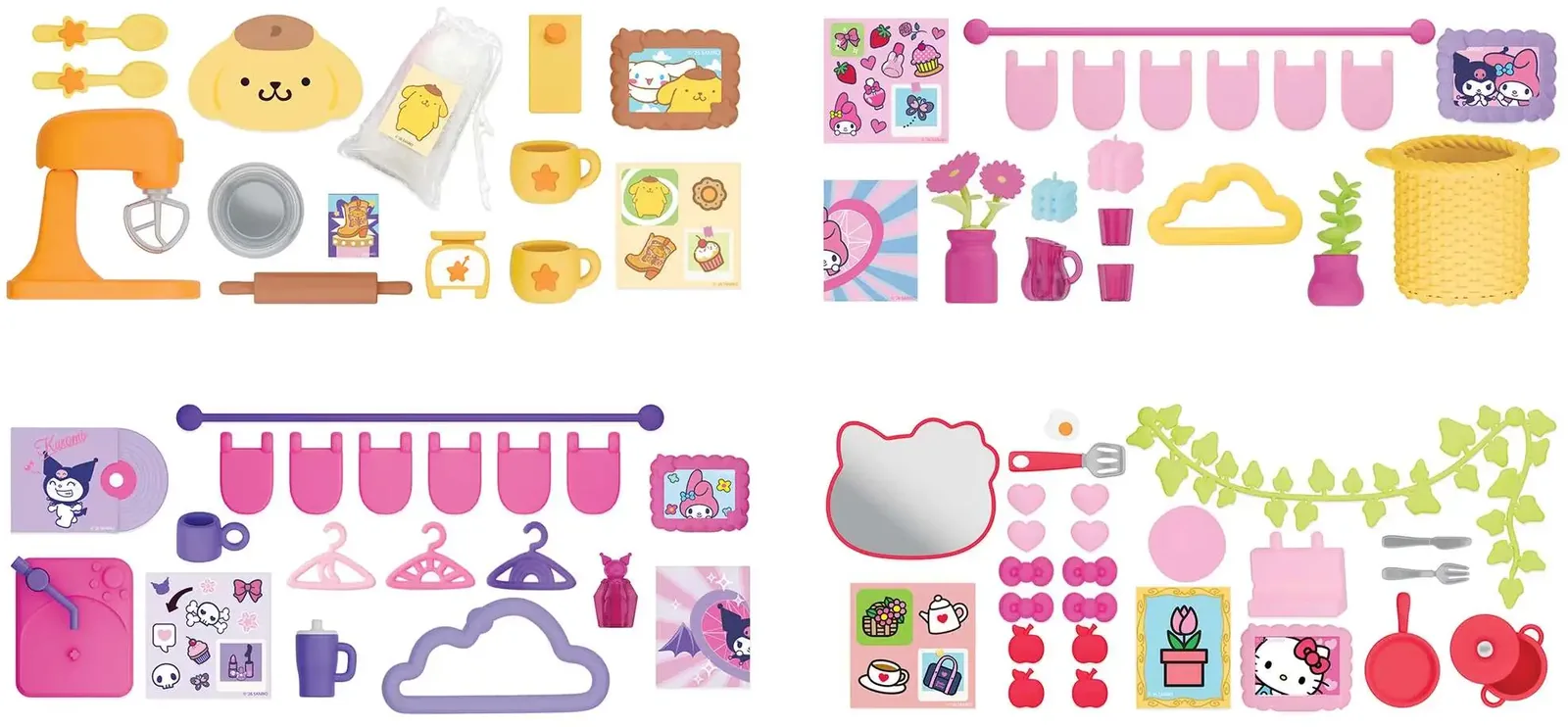 Los cuatro kits de decoración del Style Surprises Set de Suite Spaces: Pompompurin con batidora, My Melody con cesta, Kuromi con tocadiscos y Hello Kitty con espejo