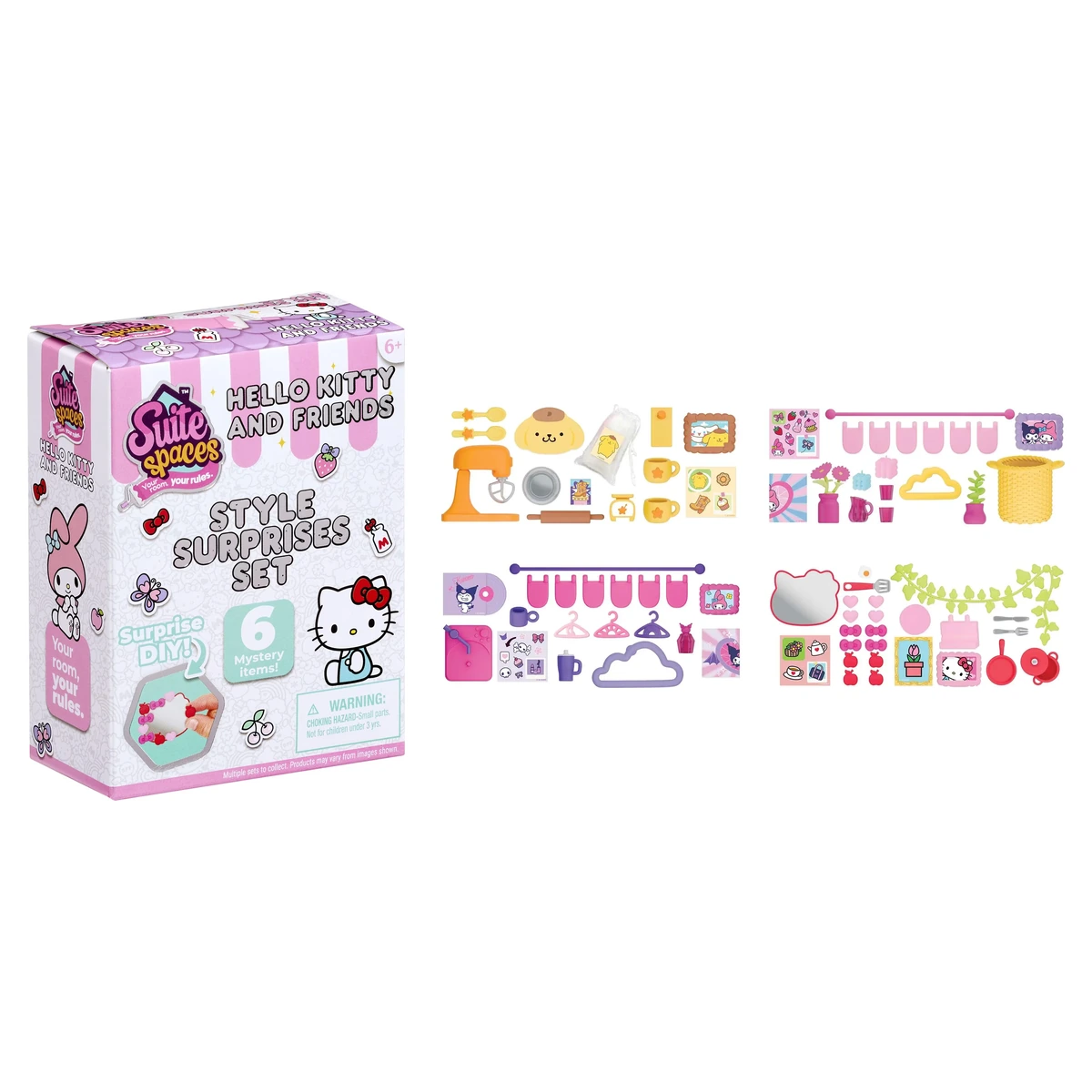 Suite Spaces Hello Kitty and Friends Style Surprises Set: la caja sorpresa de Goliath y los cuatro kits de decoración de Pompompurin, My Melody, Kuromi y Hello Kitty