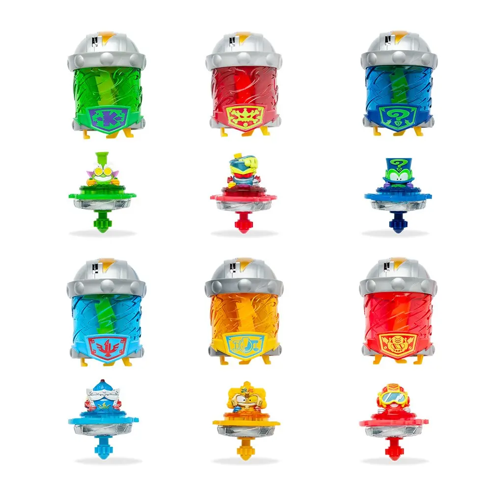 Las 6 peonzas Kazoom Spinner de SuperThings con sus cápsulas de colores: Professor K, Mr King, Enigma, Lancelord, Equilibra y Doc Vroom