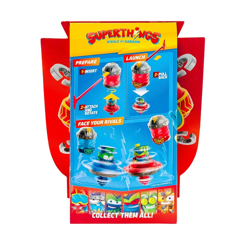 Trasera de la caja del Kazoom Spinner con los pasos para preparar y lanzar la peonza y los 6 personajes de la colección