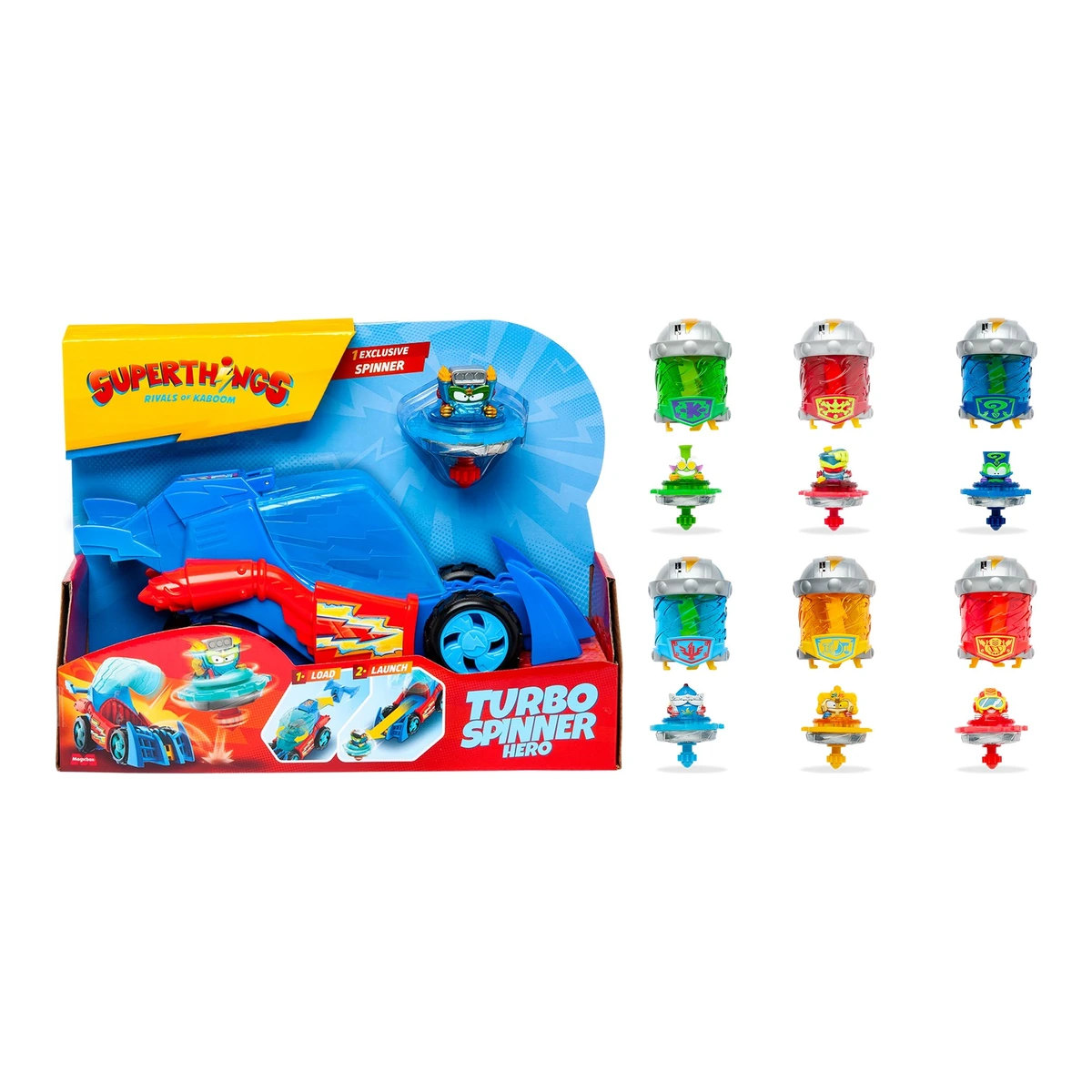 Kazoom Spinner de SuperThings: caja del Turbo Spinner Hero junto a las 6 peonzas con sus cápsulas Kazoom