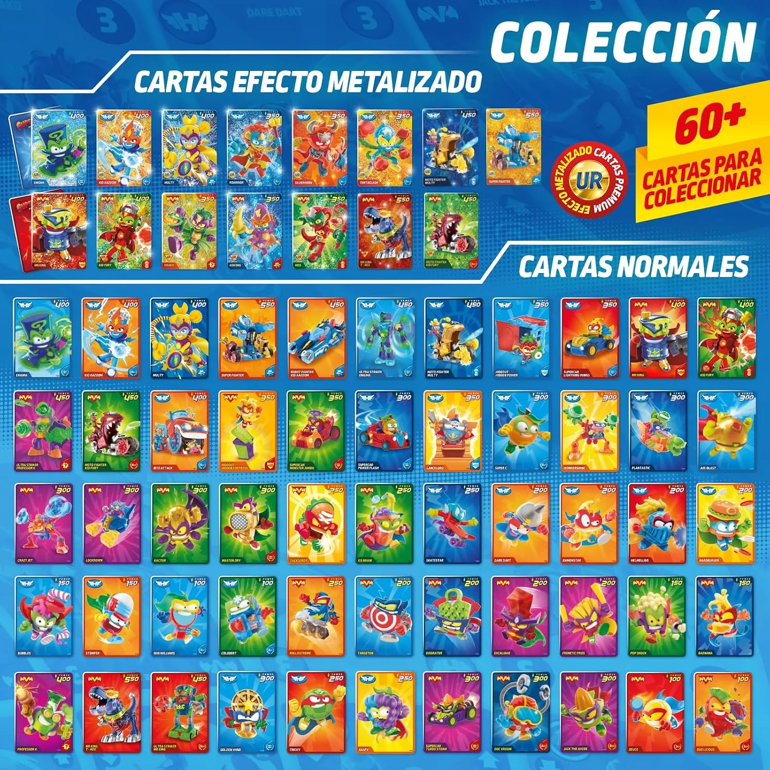 Lámina de la colección completa del Super Card Game: cartas metalizadas Ultra Rare y cartas normales