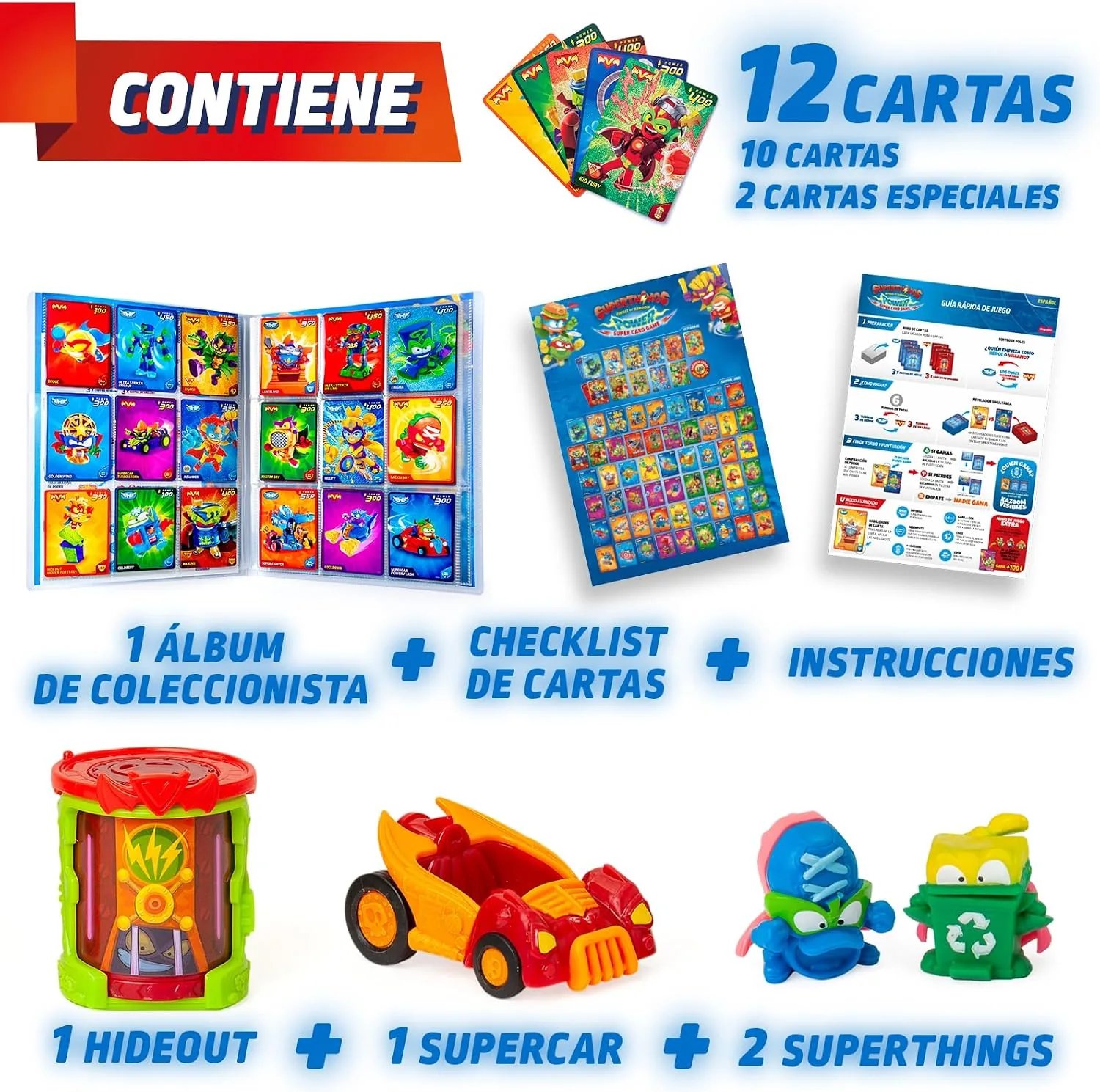 Contenido del Battle Starter Pack de SuperThings Power Super Card Game: 12 cartas, album, checklist, Hideout, Supercar y 2 SuperThings