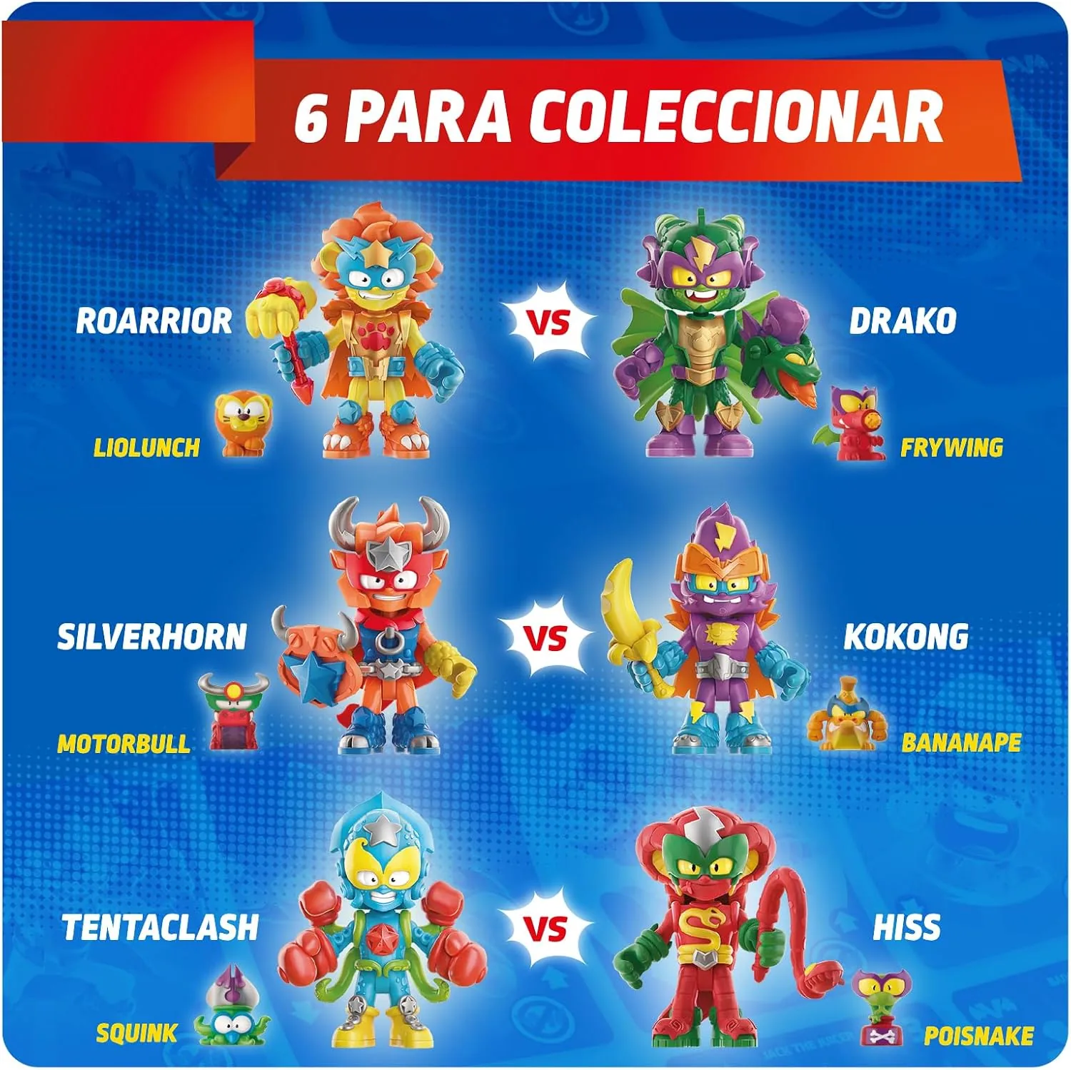 Los 6 Superkids del Super Card Game: Roarrior, Drako, Silverhorn, Kokong, Tentaclash y Hiss con sus SuperThings