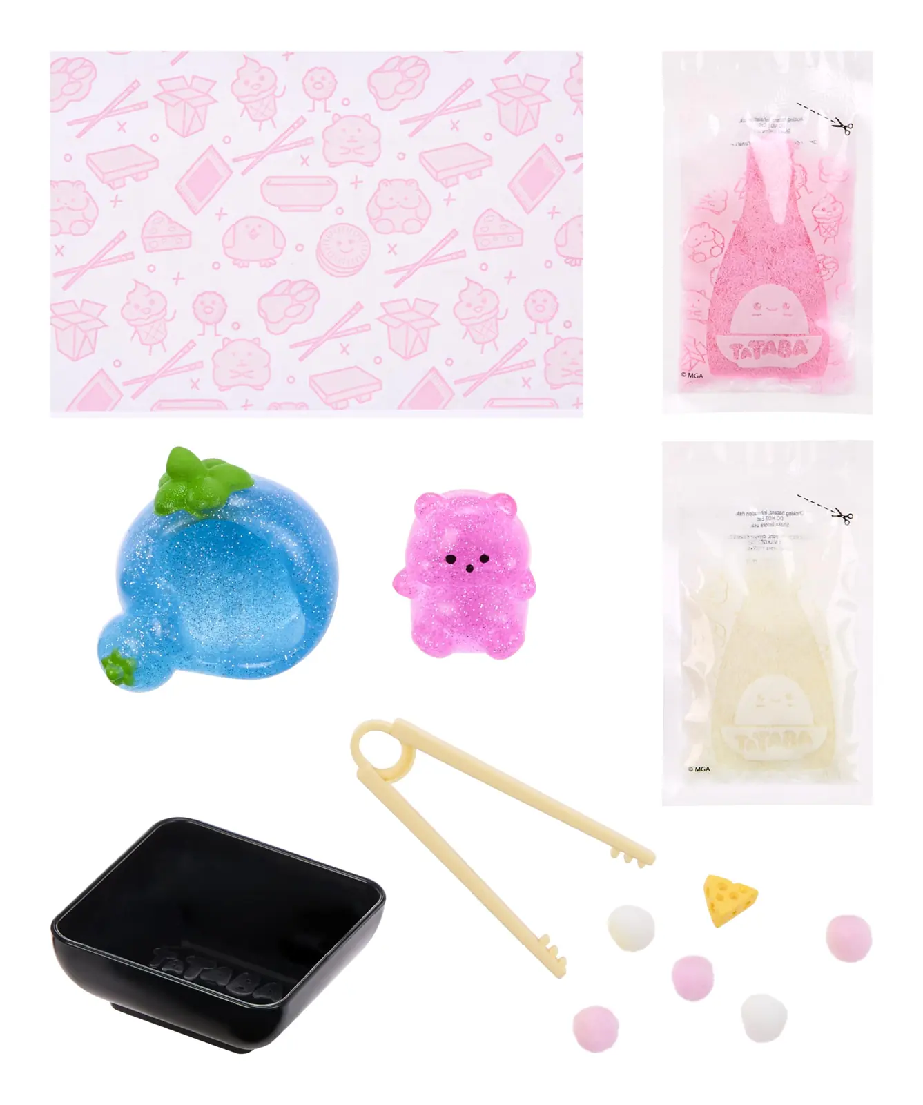 Contenido de la caja de Tataba Serie 2: vaina azul, squishy rosa, sobres de flocado, pinzas, plato y papel