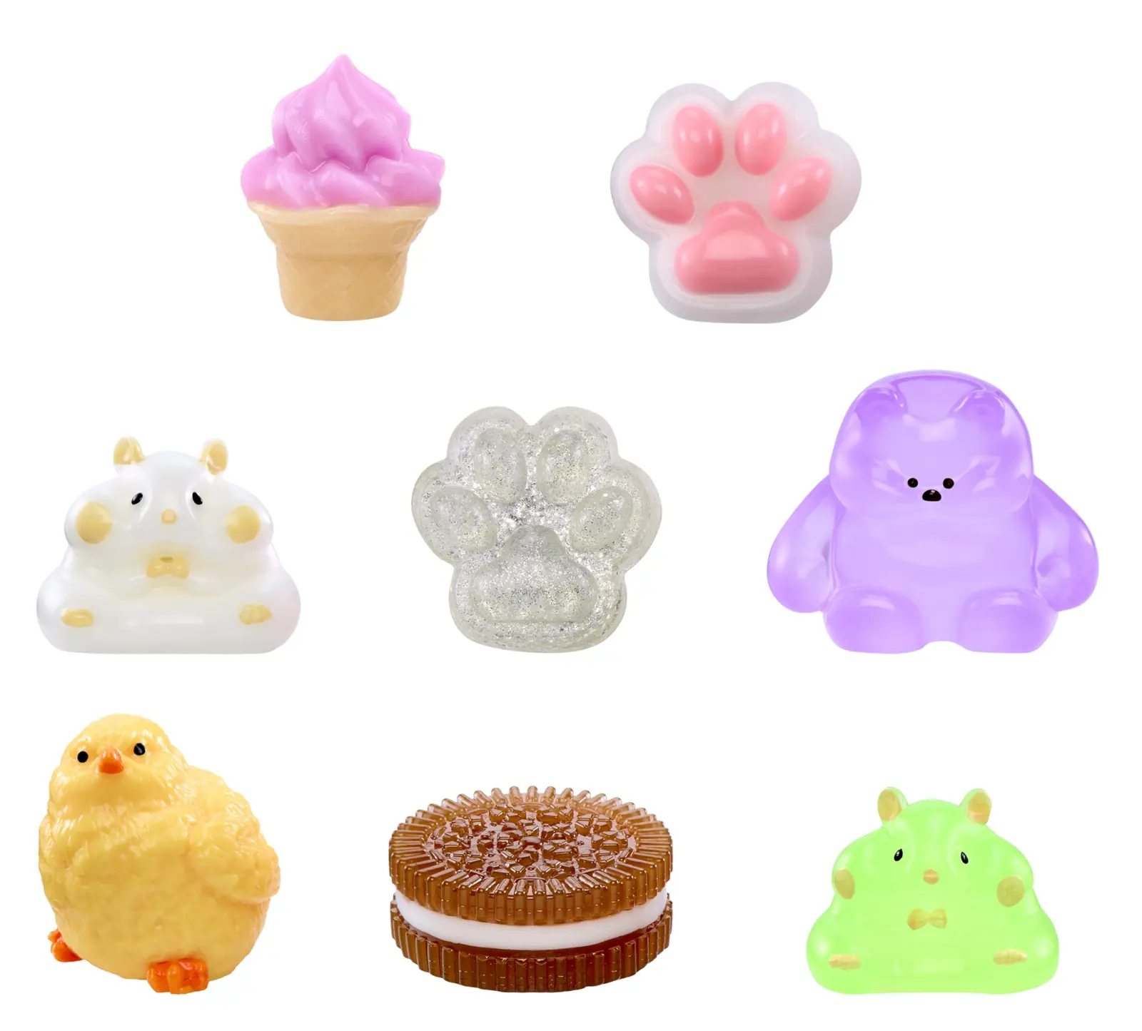 Figuras macizas de la primera serie de Tataba: helado, huella, hámster, pollito y galleta