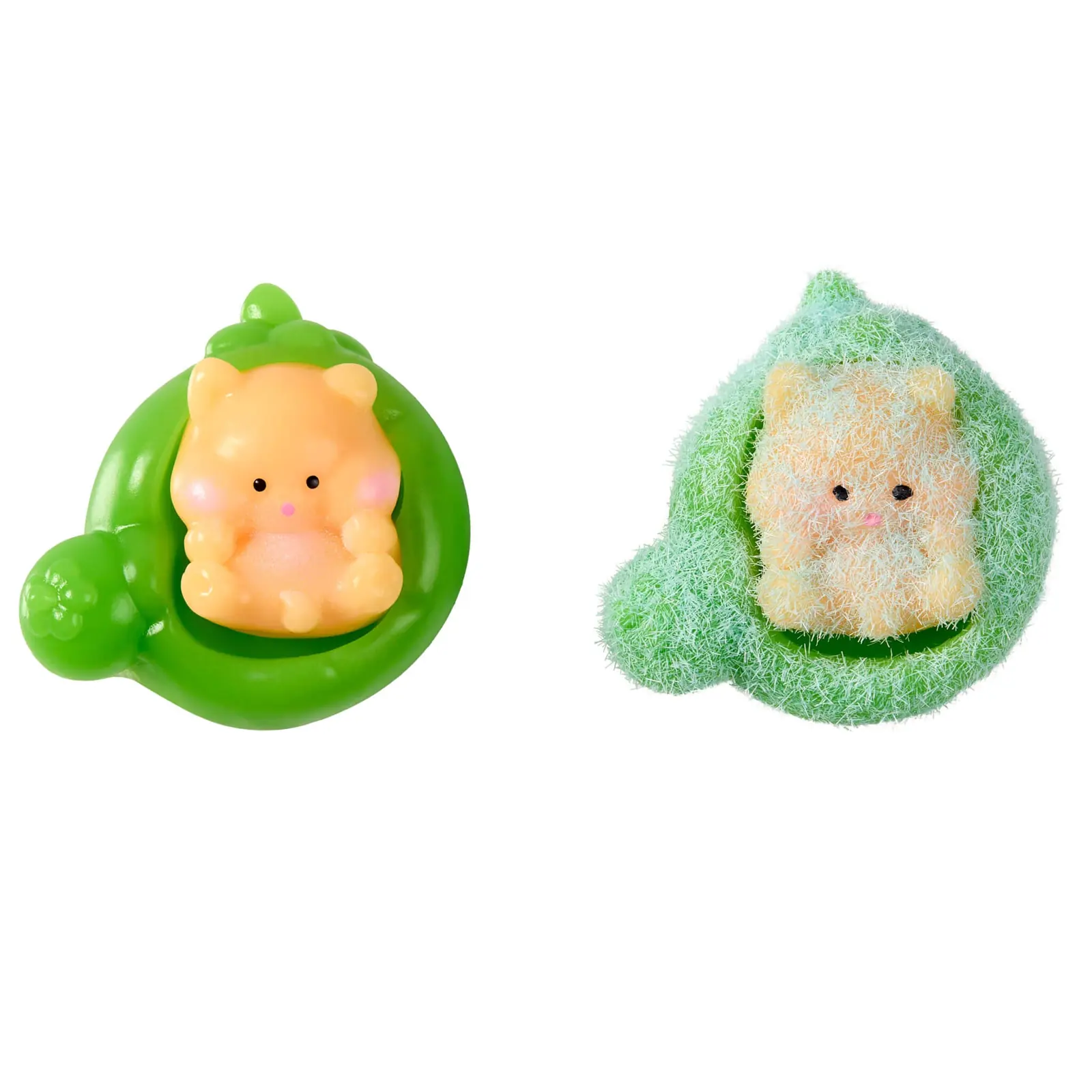 Figura de Tataba Serie 2 sin flocar y flocada: vaina verde con un squishy naranja dentro