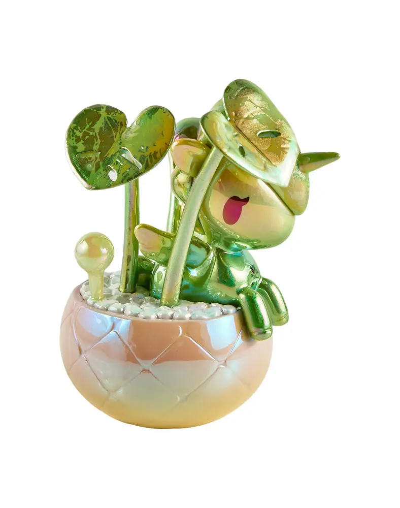 Aurea Deliciosa, el chaser 1 de 48 de tokidoki Botanical Chrome Unicorno, en verde dorado con maceta nacarada