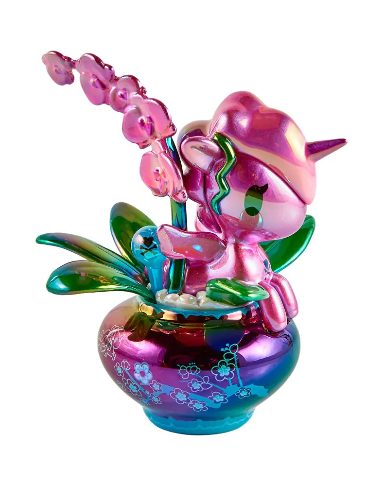 Fuchsia de tokidoki Botanical Chrome Unicorno: Unicorno rosa con orquídea en maceta morada y azul