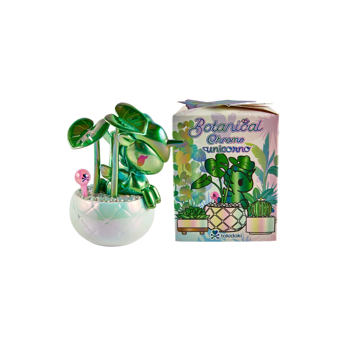 tokidoki Botanical Chrome Unicorno: la figura Deliciosa cromada en su maceta junto a la caja sorpresa Botanical Chrome