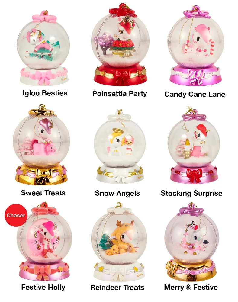 Lámina oficial con los 9 diseños de tokidoki Unicorno Holiday Sparkle Snow Globe Ornaments y el chaser Festive Holly
