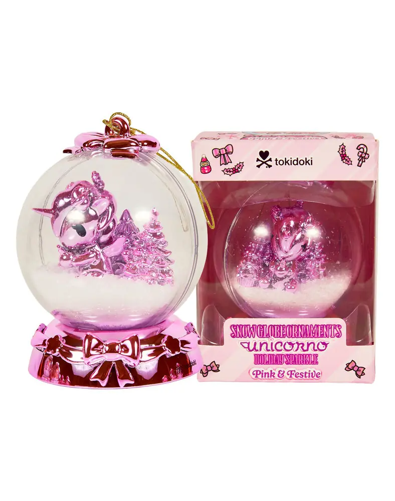 Edición especial Pink & Festive de tokidoki Unicorno Snow Globe Ornaments con su caja con ventana