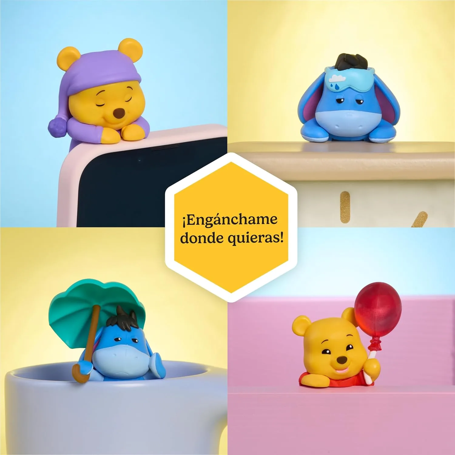 Figuras Winnie the Pooh Attachmeez enganchadas a un móvil, un estante, una taza y una caja