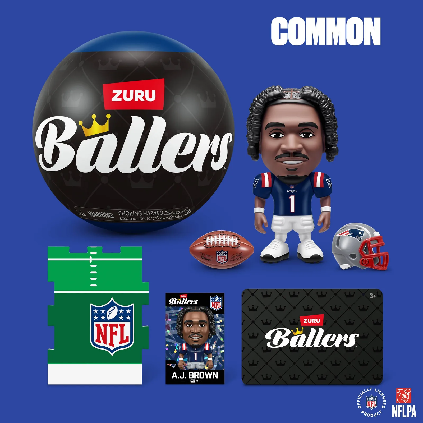 Contenido de una cápsula común de ZURU NFL Ballers: figura de A.J. Brown, mini balón, casco, pieza de campo y tarjetas