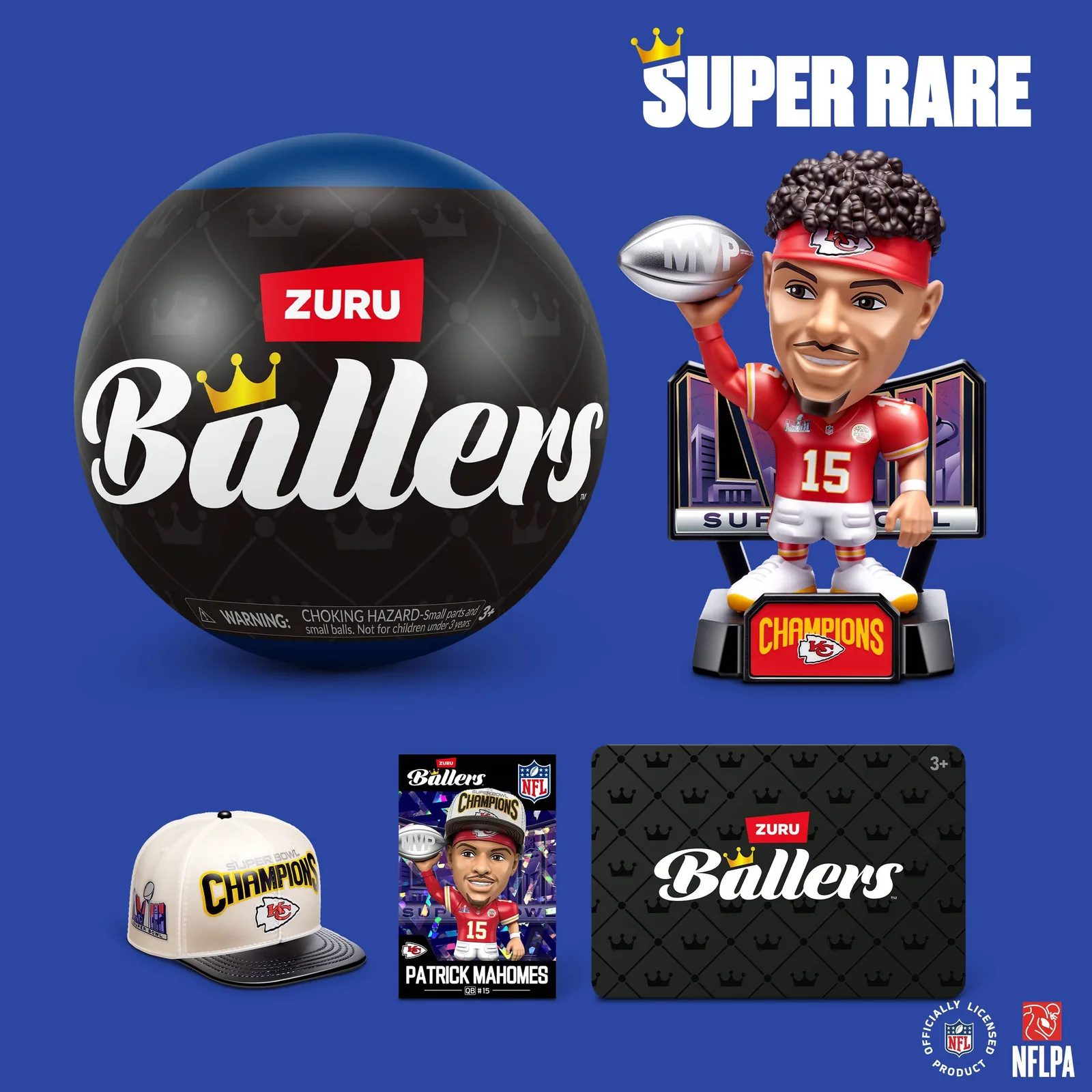 Super rara de ZURU NFL Ballers: Patrick Mahomes en peana Super Bowl Champions con trofeo MVP, gorra de campeón y tarjetas