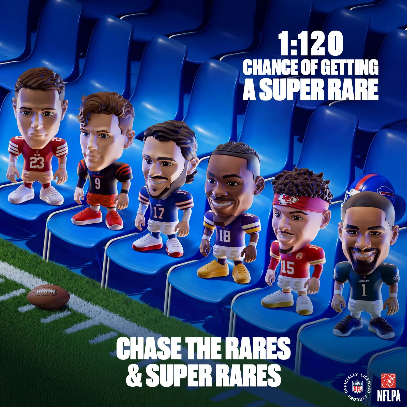 Lámina oficial de NFL Ballers con la probabilidad de super rara 1:120 y seis figuras en las gradas de un estadio