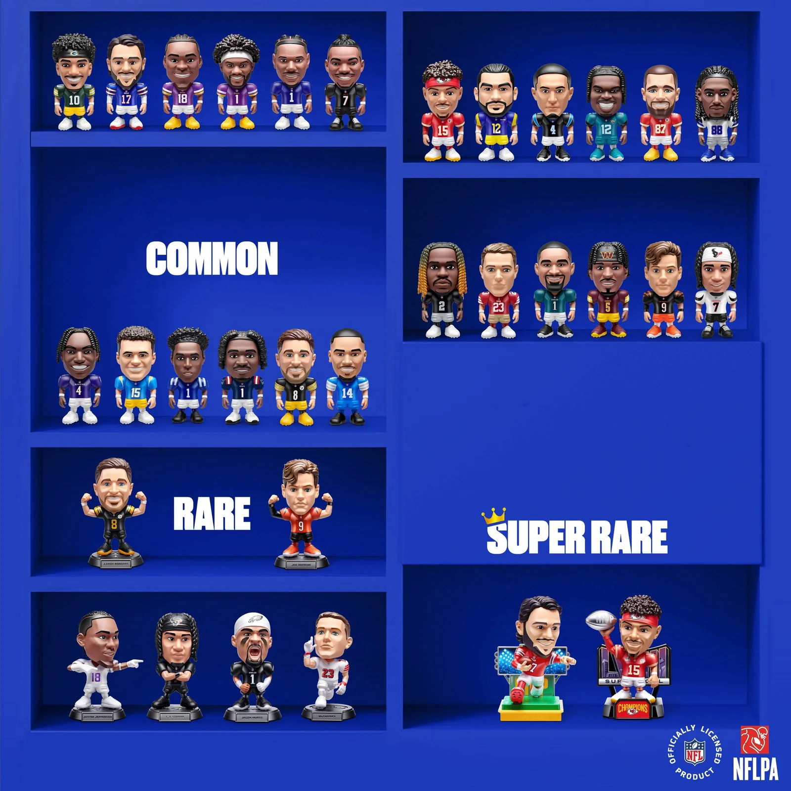 Lámina oficial de ZURU NFL Ballers Series 1 con las 32 figuras: 24 comunes, 6 raras y 2 super raras