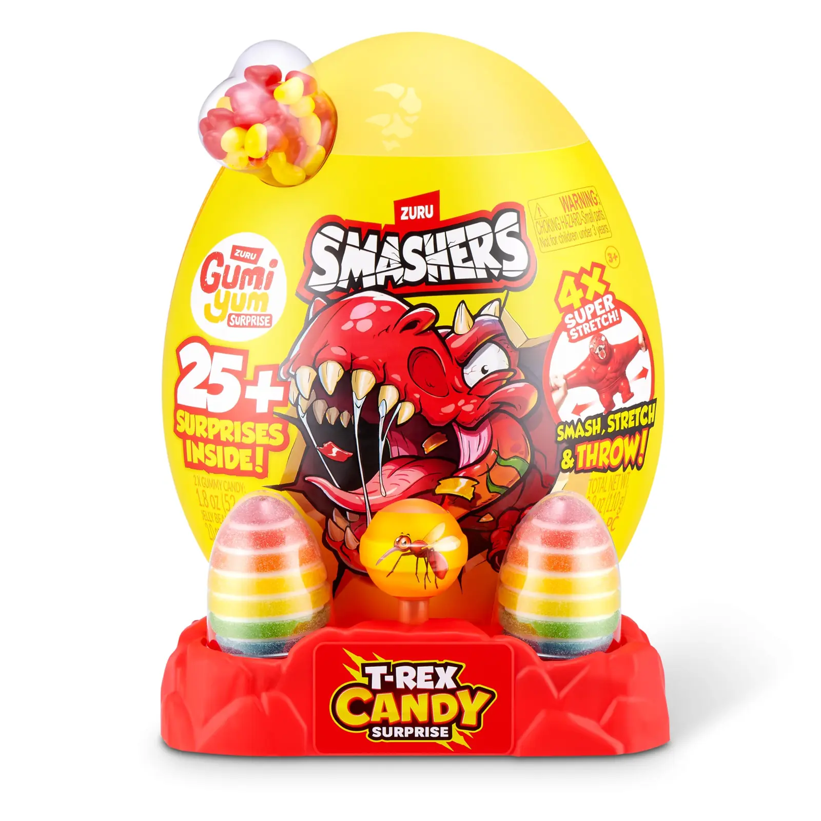 Frontal del huevo Smashers T-Rex Candy Surprise con el logo Gumi Yum Surprise, el reclamo 25+ Surprises Inside y la piruleta del mosquito