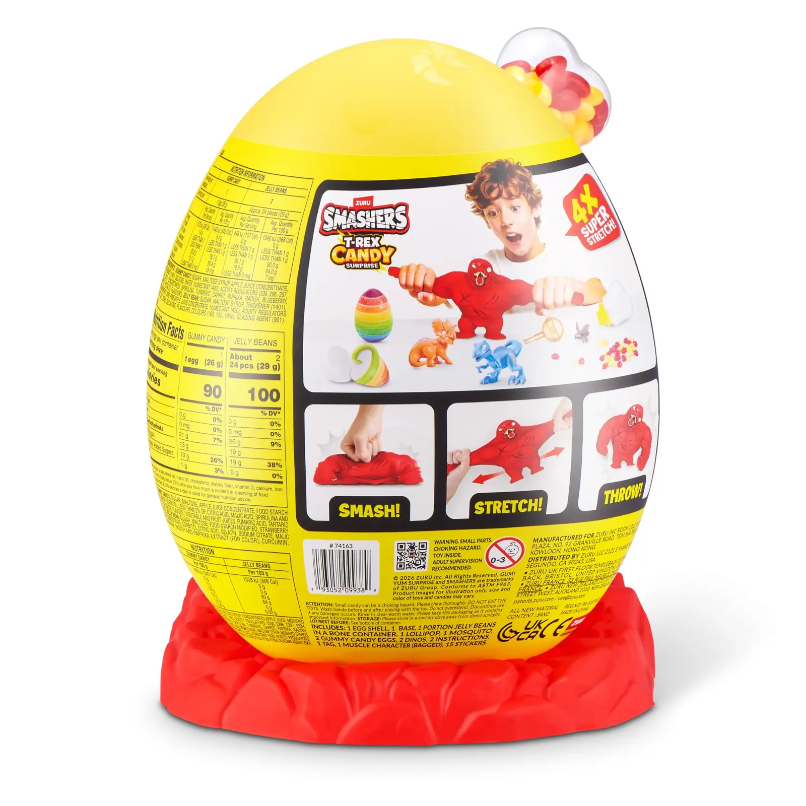 Trasera del huevo Smashers T-Rex Candy Surprise con la tabla nutricional, el contenido desplegado y los pasos Smash, Stretch y Throw