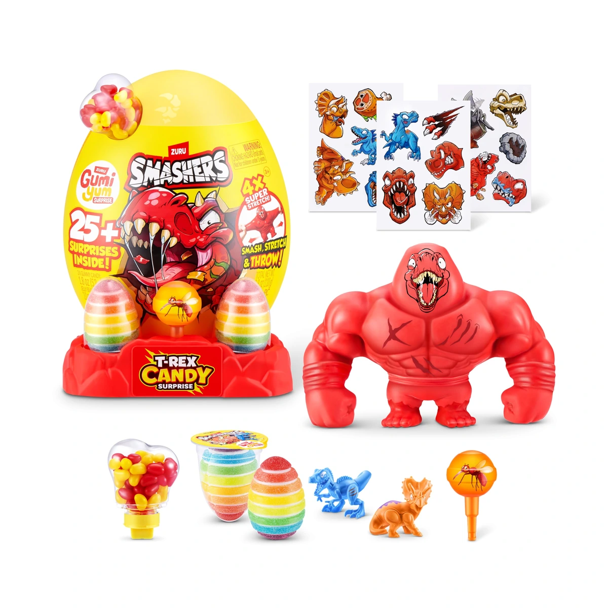 Smashers T-Rex Candy Surprise de ZURU: huevo amarillo con base roja, dos huevos de gominola Gumi Yum, Slam Hero rojo, mini dinos y pegatinas