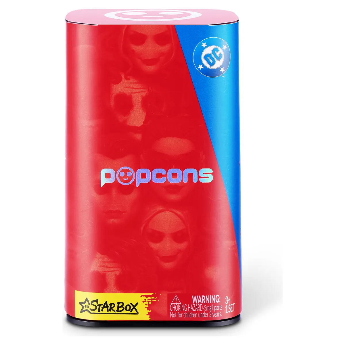 Frontal de la caja de POPCONS WB DC Heroes and Villains Series 1, en rojo y azul con el logo de DC
