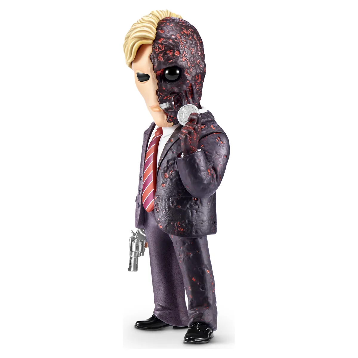 Figura rara Two-Face de POPCONS DC Heroes and Villains, con medio rostro quemado, pistola y moneda