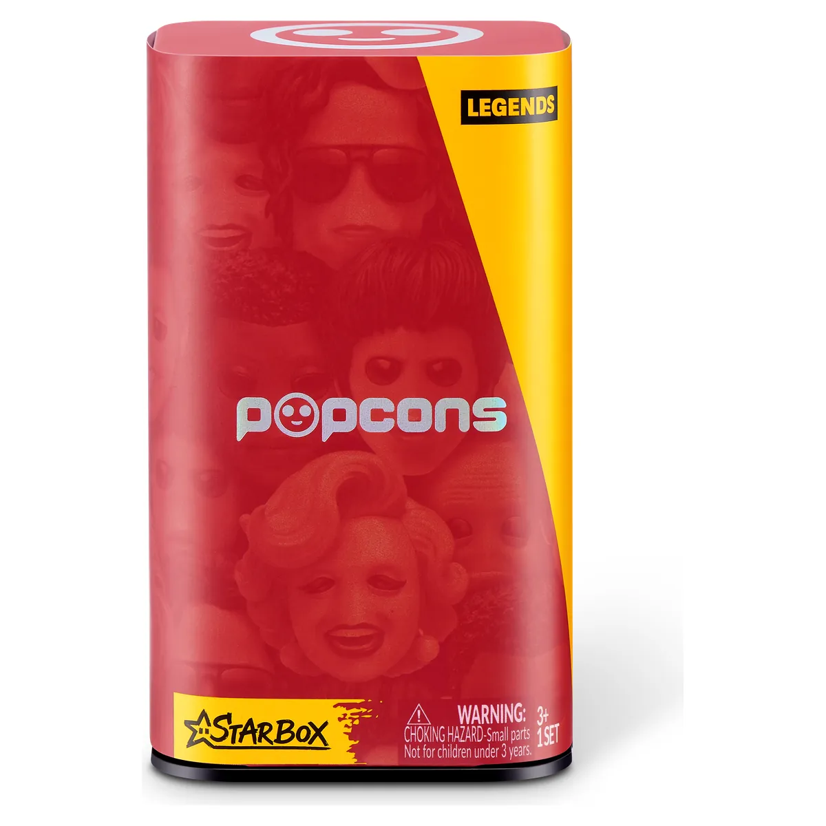 Frontal de la caja de POPCONS Legends Series 1 de Starbox, en rojo y amarillo con el logo holográfico