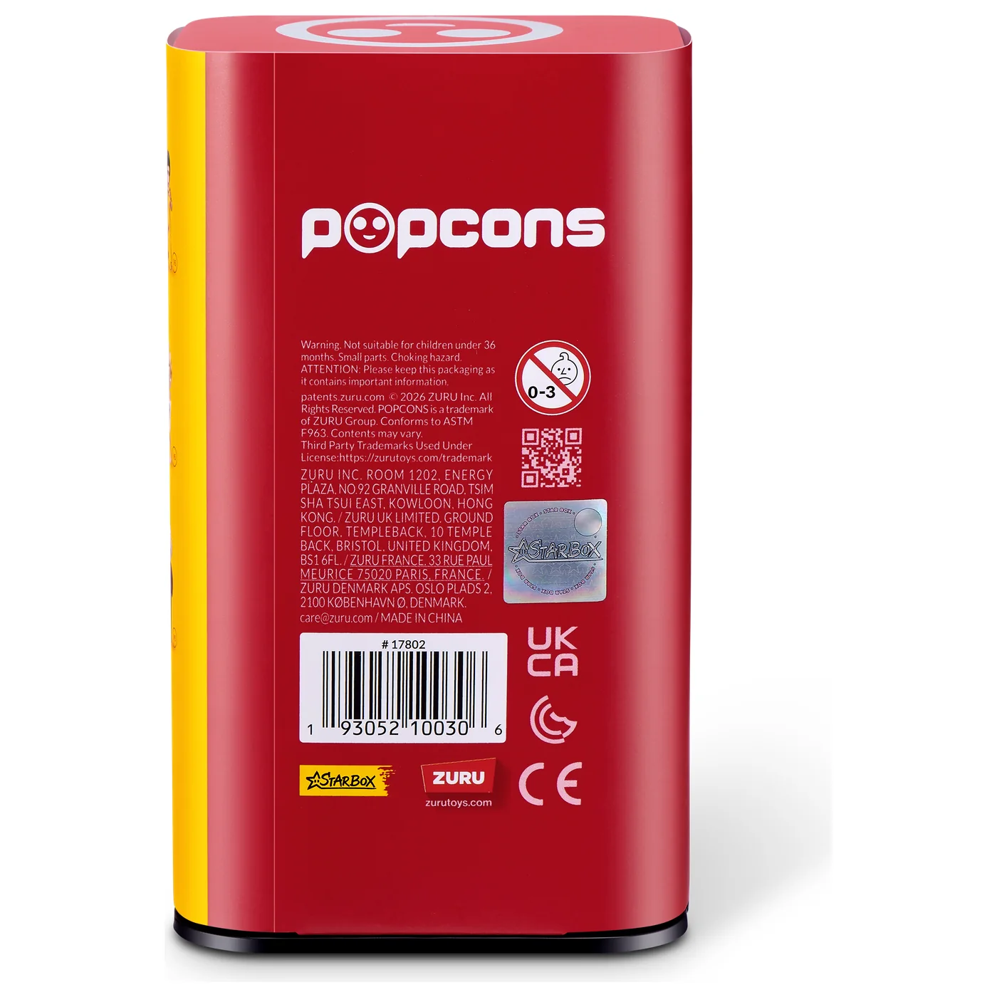 Reverso de la caja de POPCONS Legends con el modelo 17802, el código de barras UPC y los avisos normativos
