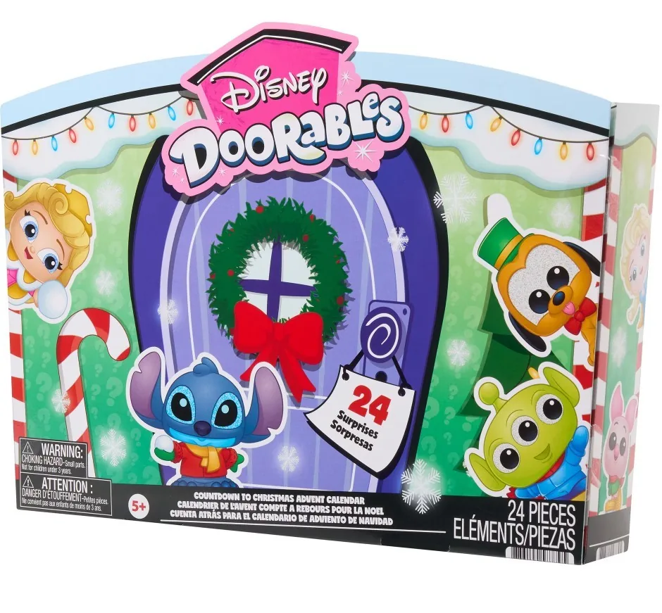 Caja del calendario de Adviento Disney Doorables Countdown to Christmas 2026 con la puerta navideña
