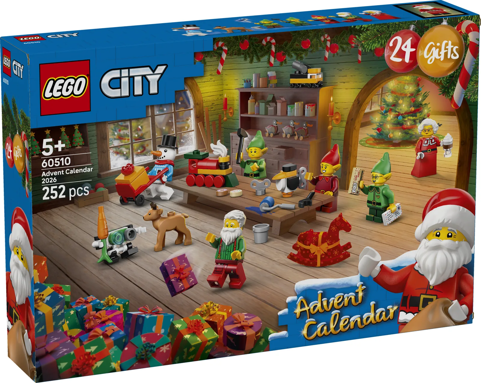 Caja del calendario de Adviento LEGO City 2026 60510 con el taller de Papá Noel