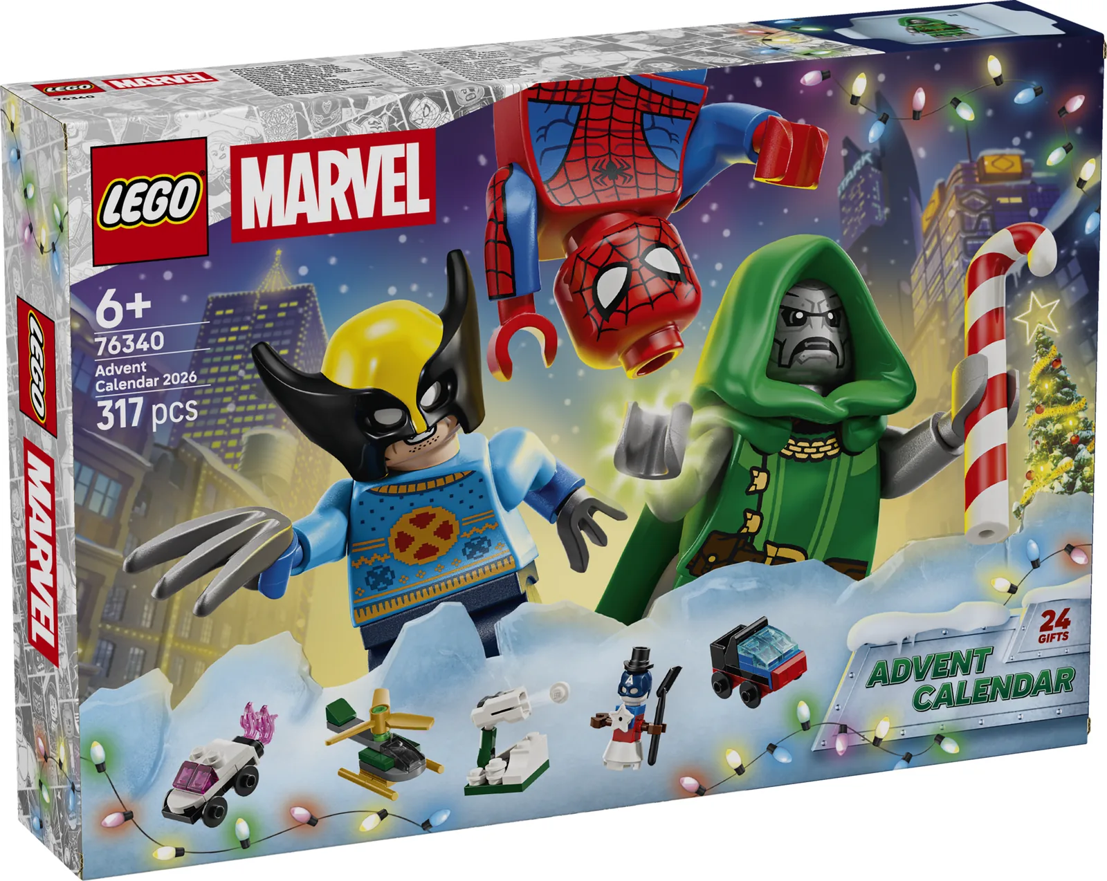 Caja del calendario de Adviento LEGO Marvel 2026 76340 con Lobezno y Doctor Doom