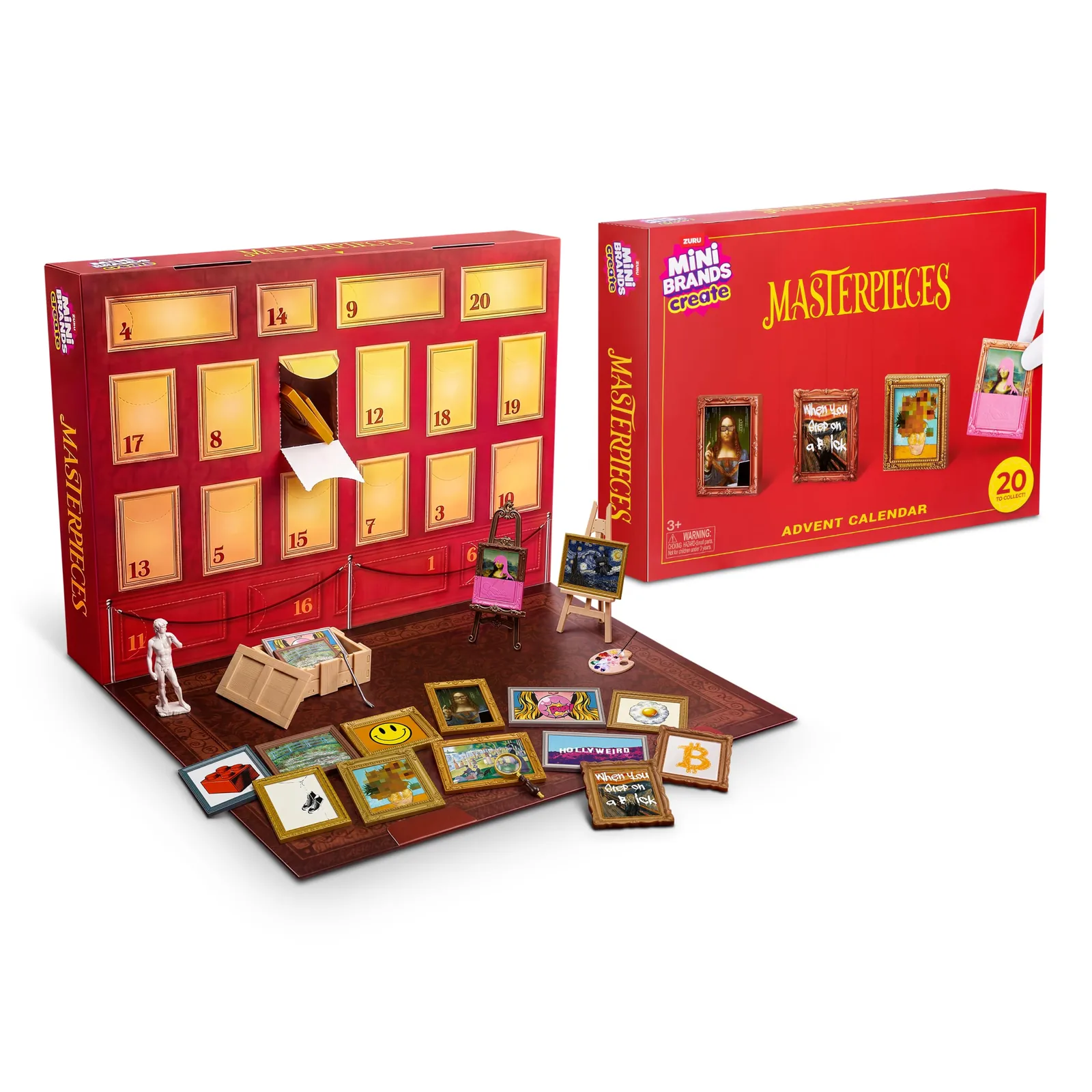 Calendario de Adviento Mini Brands Masterpieces abierto con las obras en miniatura y la caja con el sello de 20 puertas