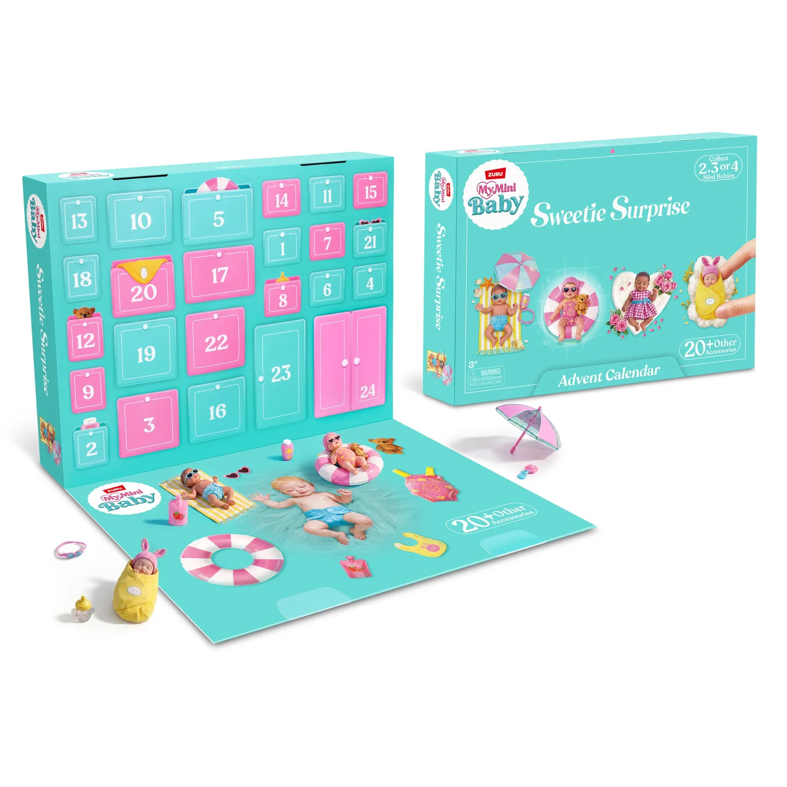 Calendario de Adviento My Mini Baby Sweetie Surprise 2026 abierto con sus ventanas, bebés y accesorios junto a la caja