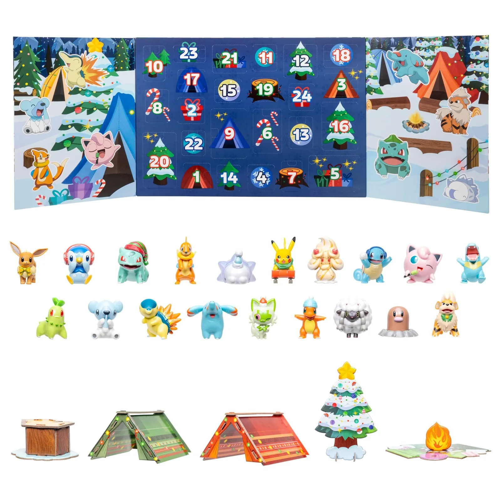 Contenido del Pokémon Holiday Calendar 2026 de Jazwares: 19 figuras de batalla y 5 accesorios de campamento navideño