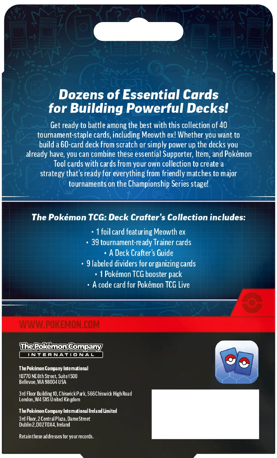 Trasera de la caja inglesa Deck Crafter's Collection con la lista de contenido: Meowth ex foil, 39 Entrenadores, guía, separadores, sobre y código