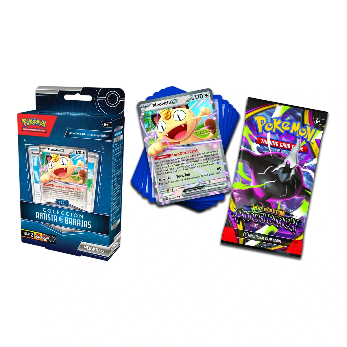 Colección Artista de Barajas Pokémon: caja española con Meowth ex, la carta foil y el sobre de Pitch Black sobre fondo blanco