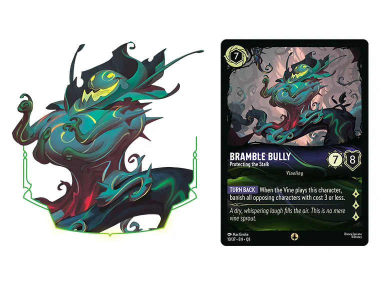 Ilustración y carta de Bramble Bully Protecting the Stalk, enemigo de la Vine en Lorcana The Great Hunny Rescue