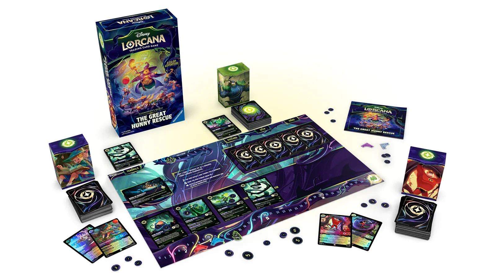 Contenido de la caja Lorcana The Great Hunny Rescue desplegado: tablero, mazos con sus cajas, cartas de la Vine, fichas y reglamento