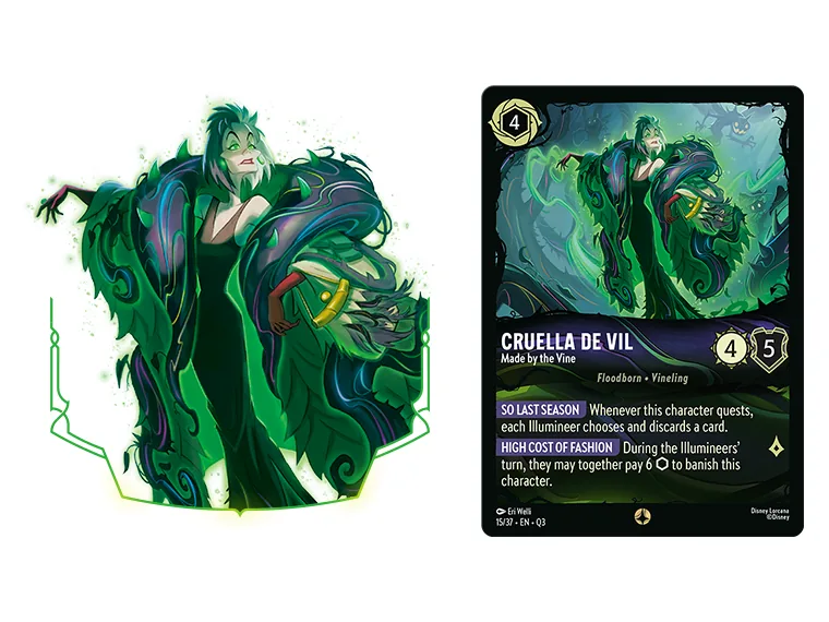 Ilustración y carta de Cruella De Vil Made by the Vine, enemiga de la Vine en Lorcana The Great Hunny Rescue