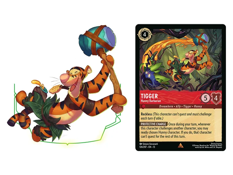 Ilustración y carta de Tigger Hunny Barbarian de Lorcana The Great Hunny Rescue