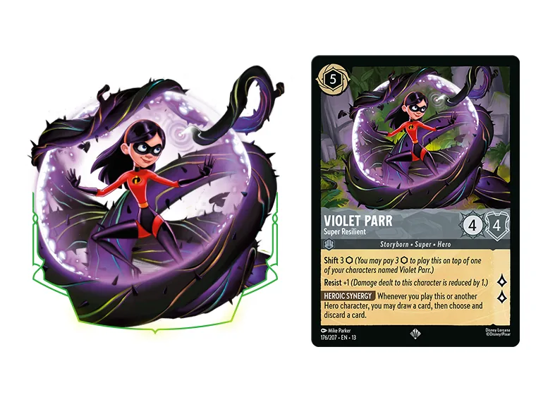 Ilustración y carta de Violet Parr Super Resilient de Lorcana The Great Hunny Rescue