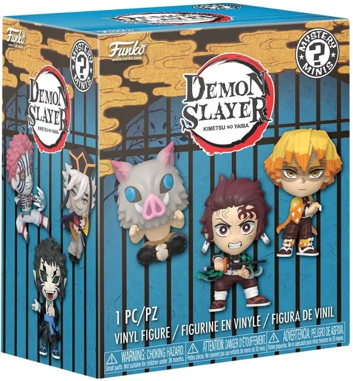 Caja ciega individual de Demon Slayer Mystery Minis Serie 2 de Funko con Inosuke, Tanjiro y Zenitsu delante y los demonios tras una reja