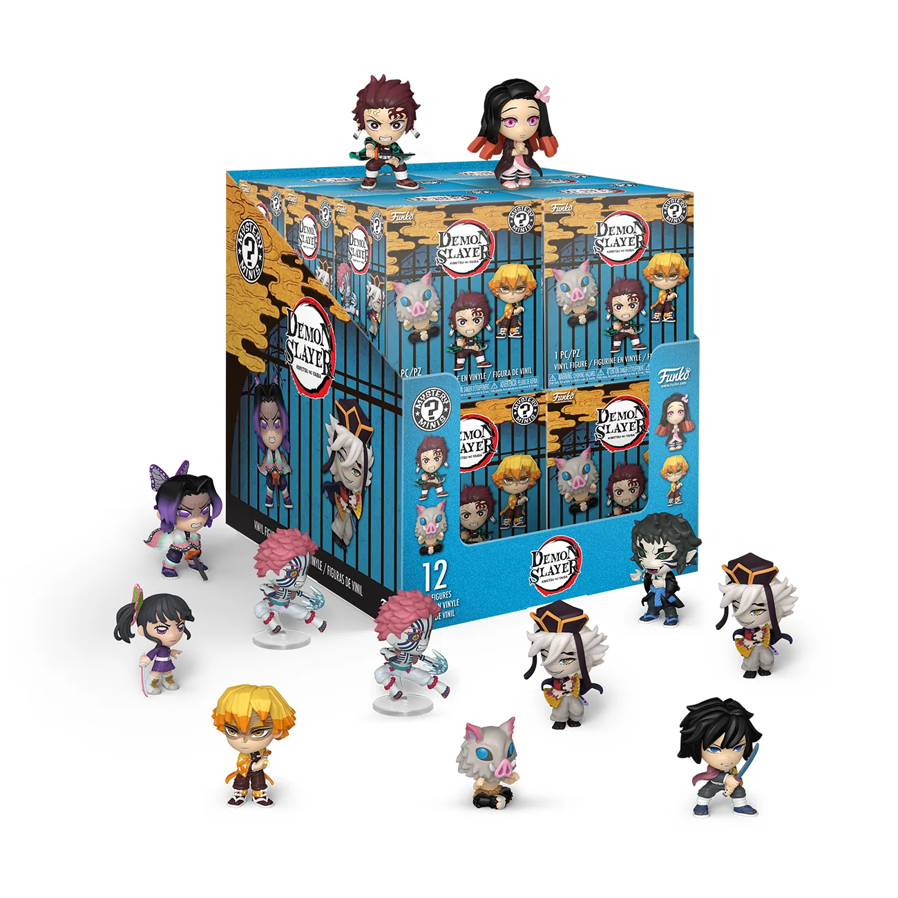 Display de 12 cajas de Demon Slayer Mystery Minis Serie 2 de Funko rodeado de las doce figuras, con Akaza y Doma repetidos en su versión que brilla