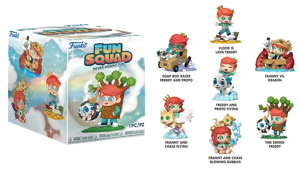Caja de Funko Fun Squad Never Ending Fun junto a sus 7 figuras con el nombre oficial de cada una