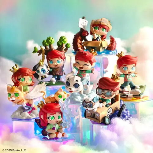 Las 7 figuras de vinilo de Funko Fun Squad juntas sobre peanas transparentes y nubes