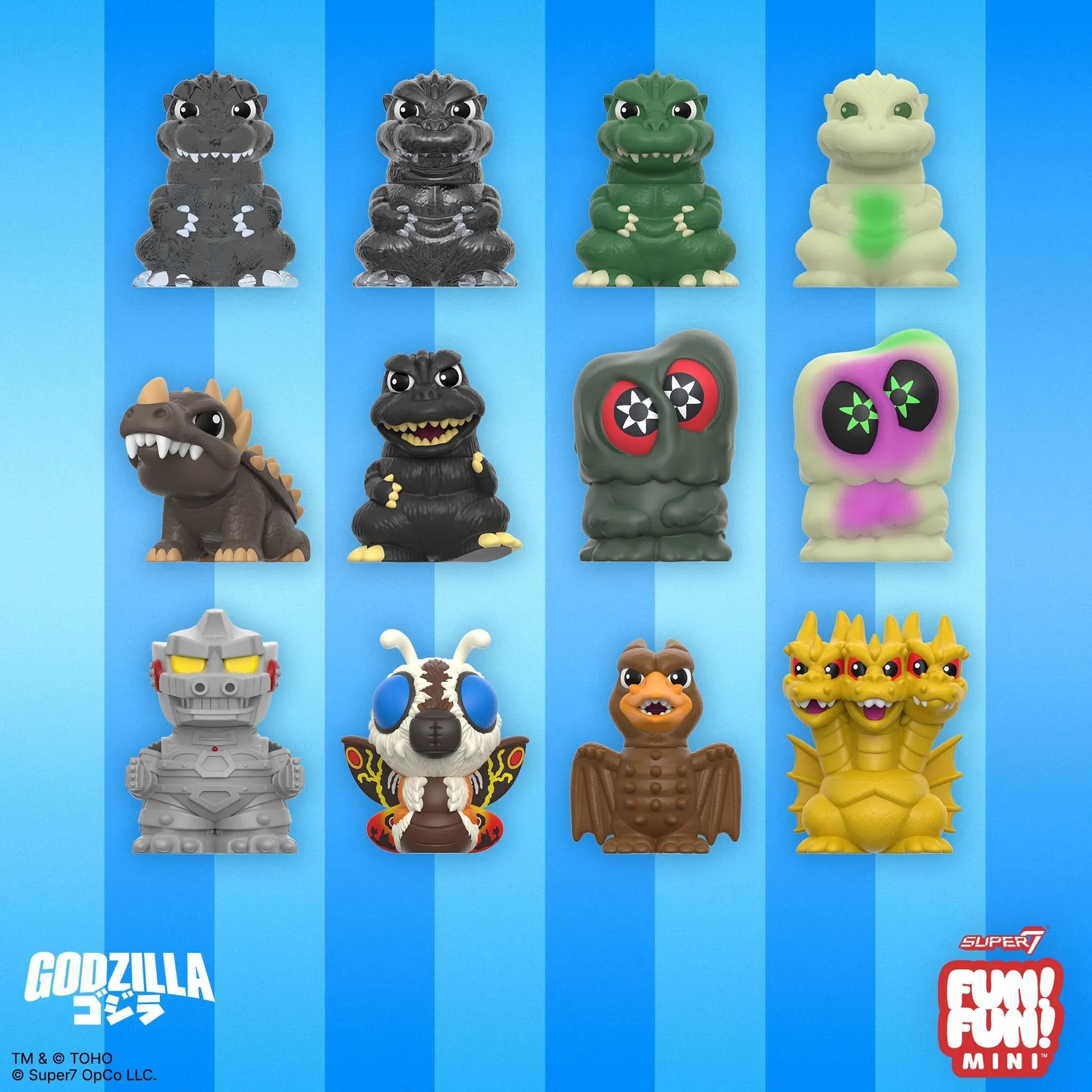 Las 12 figuras de distribución general de Godzilla FUN! FUN! MINI de Super7 sobre fondo azul