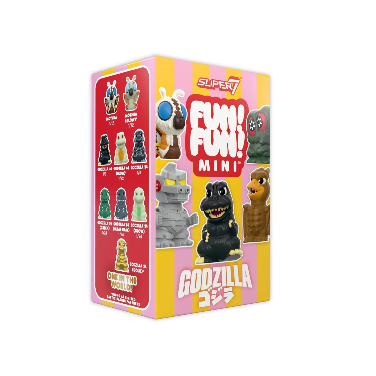 Caja individual de Godzilla FUN! FUN! MINI de Super7 con el checklist en el lateral