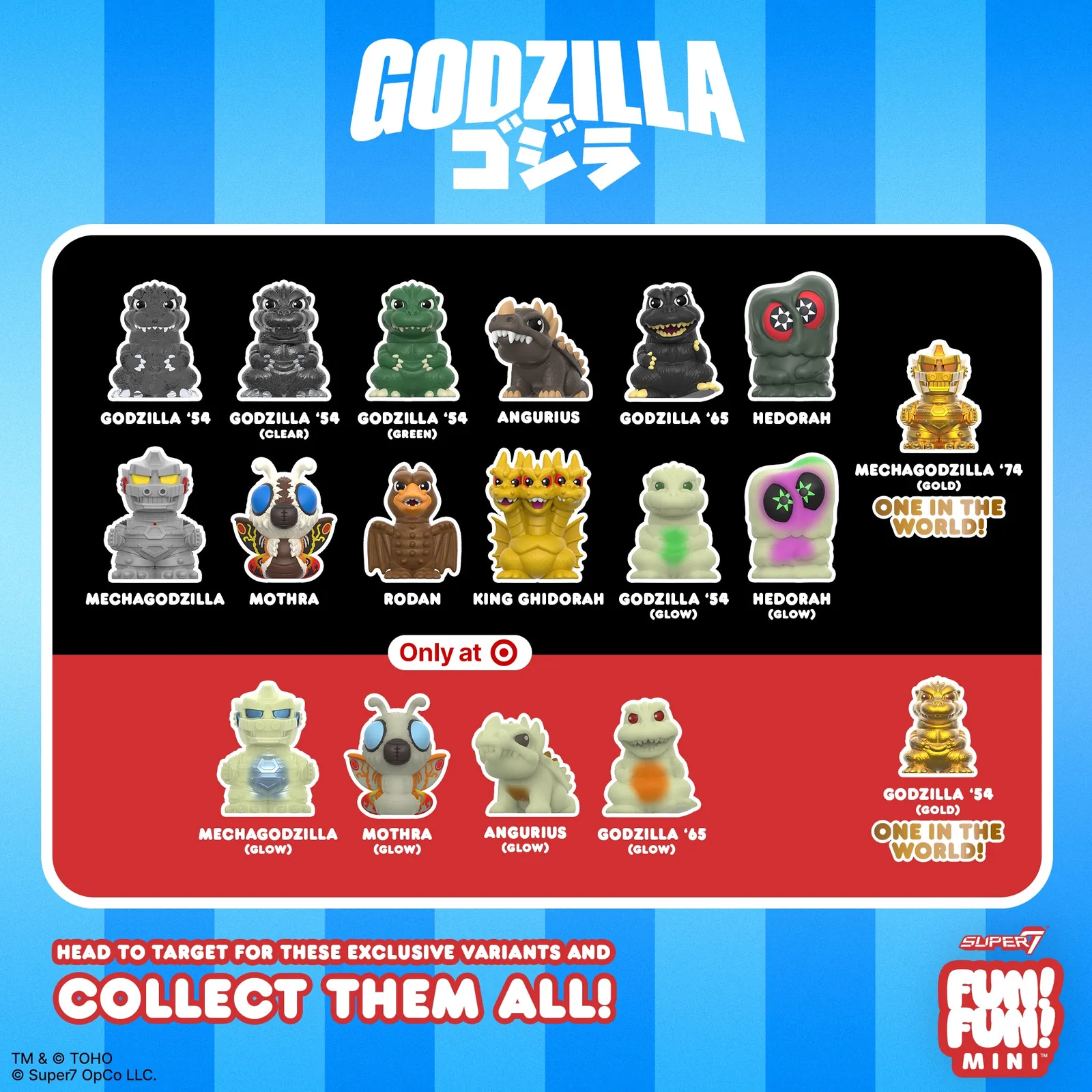 Lámina oficial con el checklist de Godzilla FUN! FUN! MINI de Super7 y las variantes exclusivas de Target