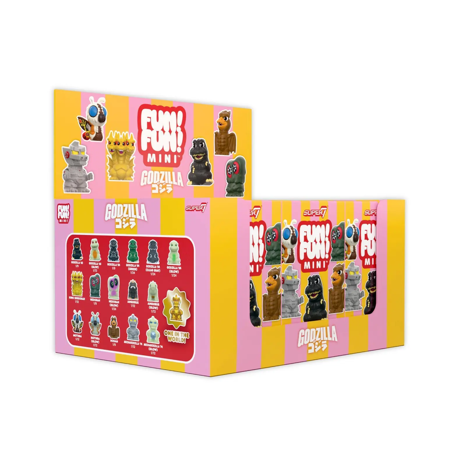 Display de 9 cajas de Godzilla FUN! FUN! MINI con el panel de probabilidades impreso